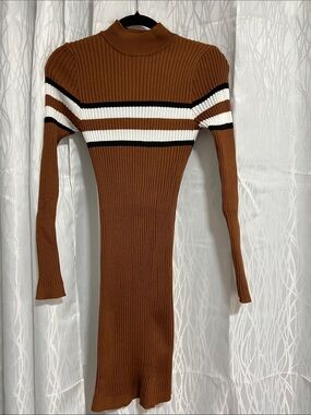 Ribbed Turtleneck Sweater Dress in Brown with Stripe Detail